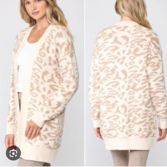 Baevely Cream Tan Leopard Print Long Open Cardigan - Size Small - Picture 1 of 12